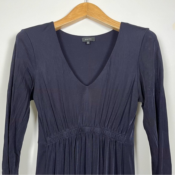 EUC Aritzia Babaton Navy‎ Blue Long Sleeve Dress V-Neck Size Large Ruching Front - Picture 4 of 13